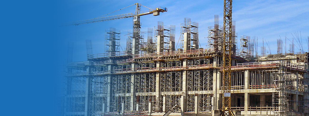 A facility being built with dominant reinforced concrete columns, scaffolding, and formwork, illustrates Oktopaz's projects.