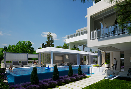 Rendering of the exterior of a luxury villa with a swimming pool in Belgrade, where Oktopaz conducts construction supervision - thumbnail